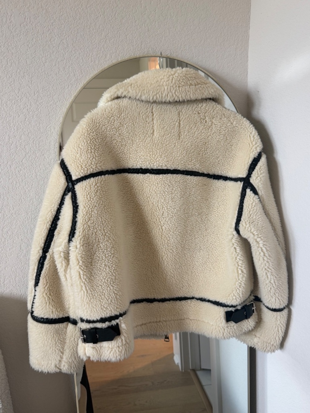 Zara Cream Faux Shearling Biker Jacket Black Trim Size S - Picture 3 of 3